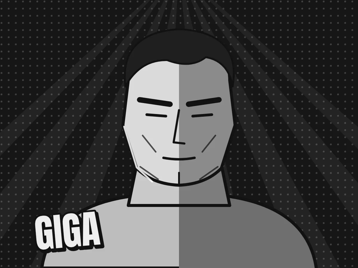Černobílá stylizovaná busta muže s mohutnou čelistí a nápis GIGA