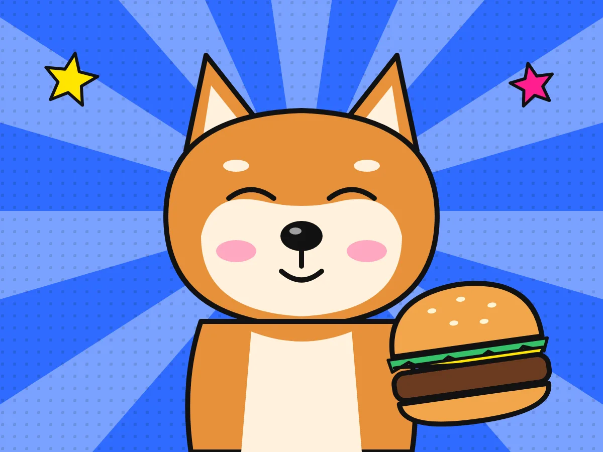 Kreslená Shiba Inu se zavřenýma spokojenýma očima a hamburger