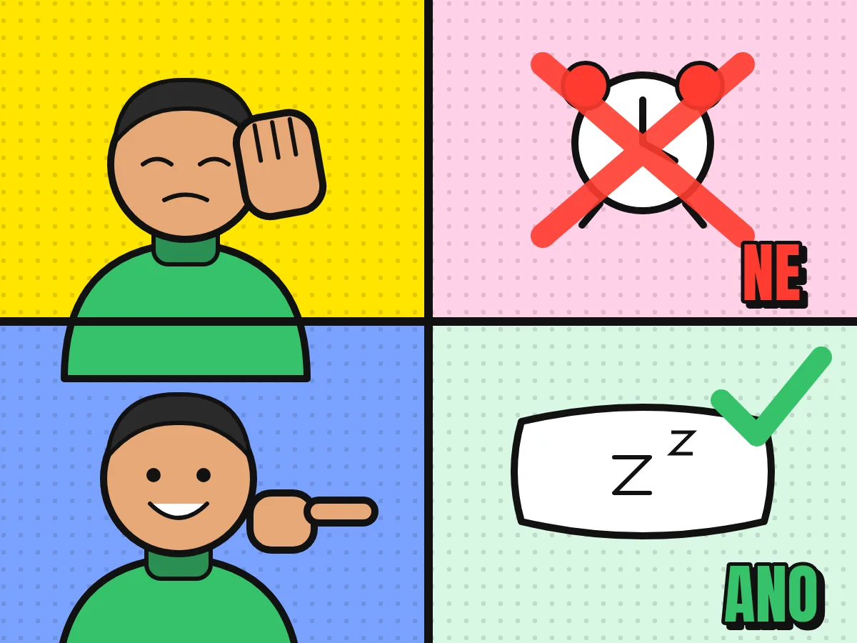 Dvoupanel: postava odmítá budík (NE) a ukazuje na polštář (ANO)