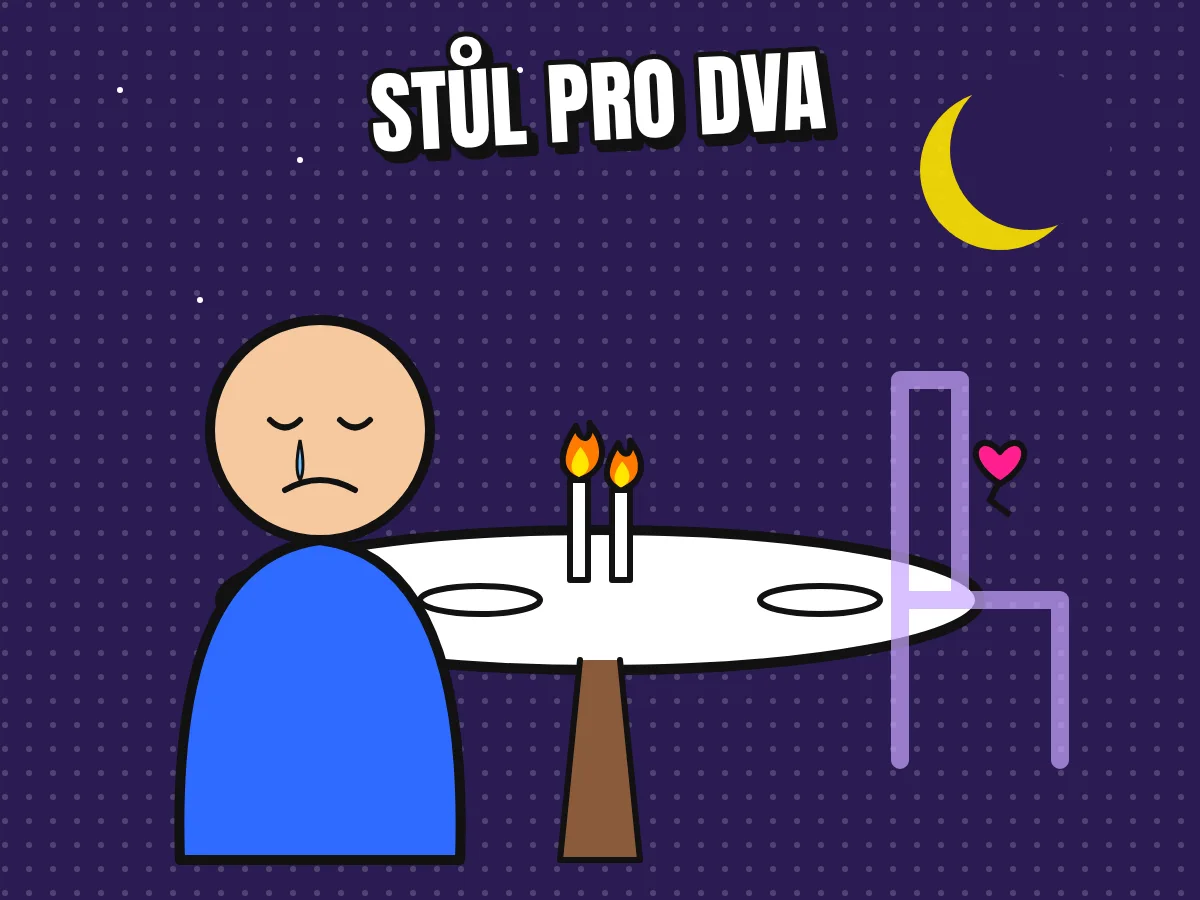 Smutná postava sedí sama u stolu pro dva se svíčkami, druhá židle je prázdná