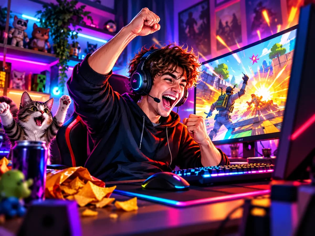 Hráč se sluchátky slaví u počítače s RGB osvětlením