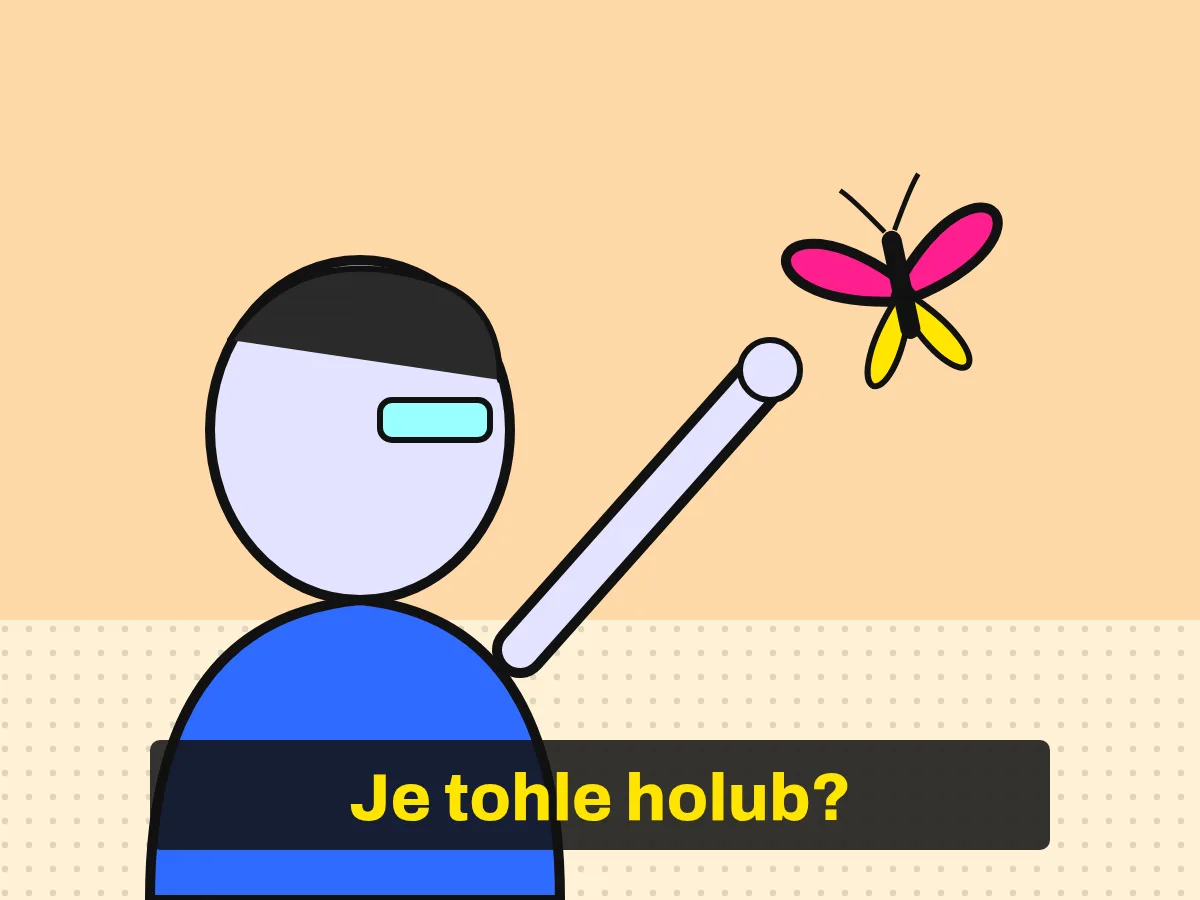 Kreslený android ukazuje na motýla, titulek: Je tohle holub?