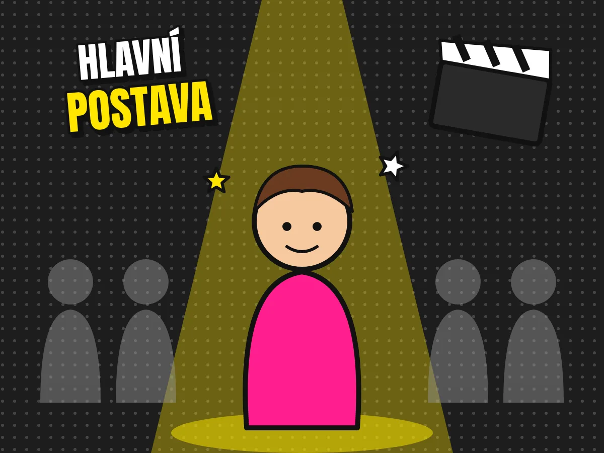 Postava ve světle reflektoru uprostřed šedých komparzistů, filmová klapka