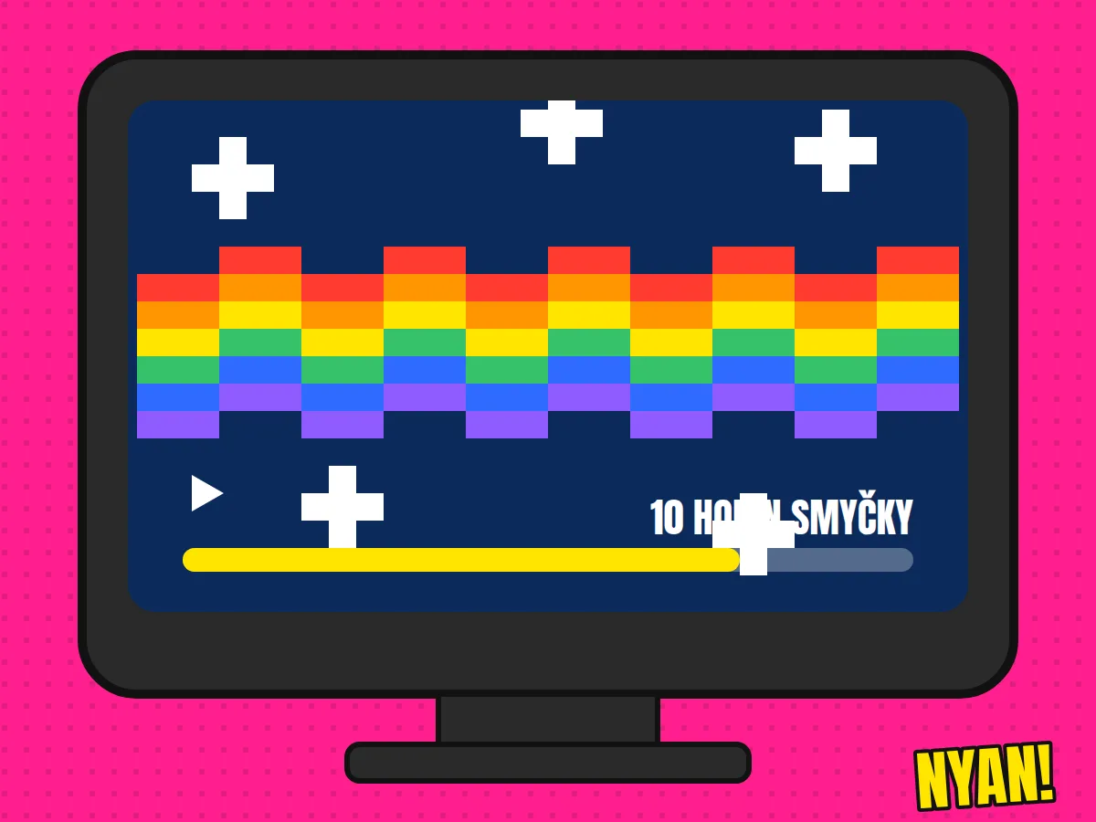 Retro obrazovka s pixelovou duhovou stopou a lištou „10 hodin smyčky“