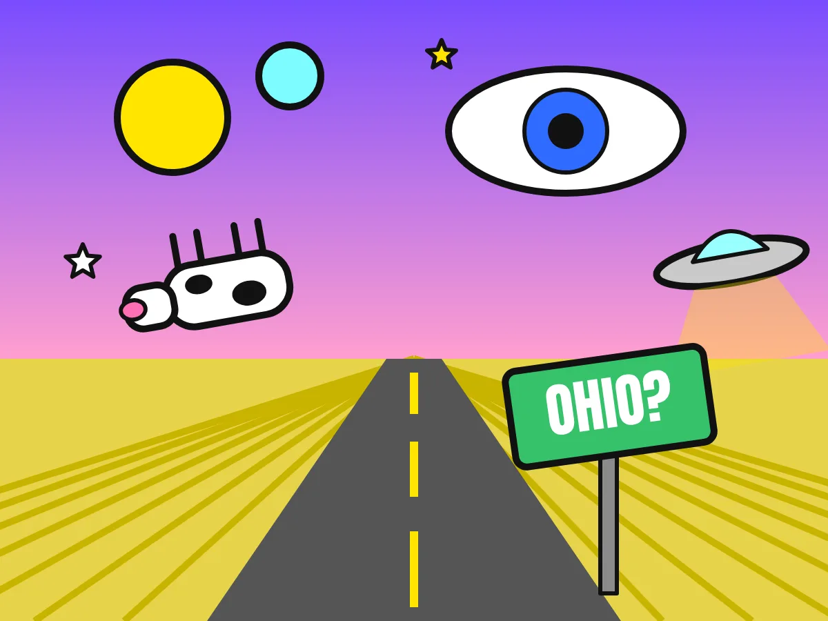 Absurdní krajina: dvě slunce, obří oko na nebi, UFO, létající kráva a cedule OHIO?