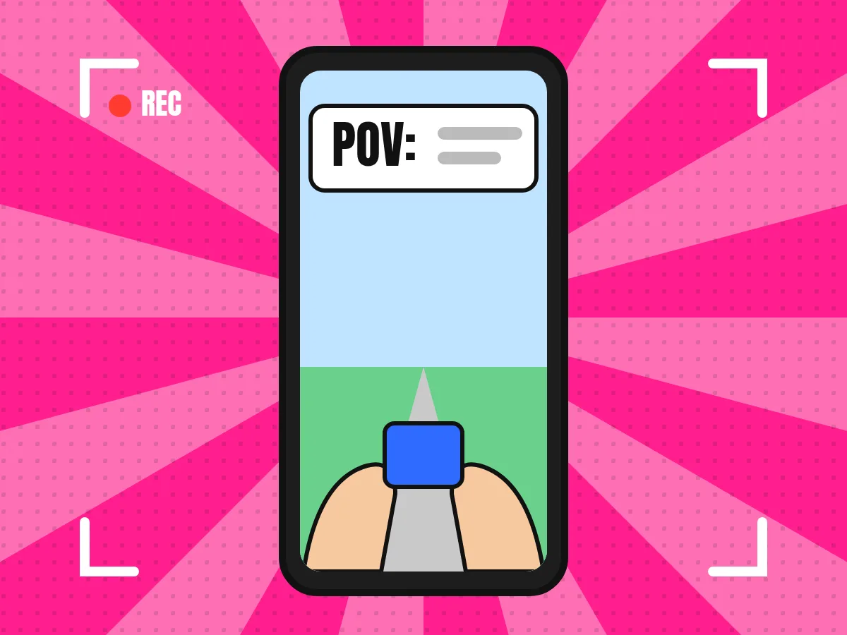 Telefon s nápisem POV: a pohledem z první osoby, kolem rámeček nahrávání REC