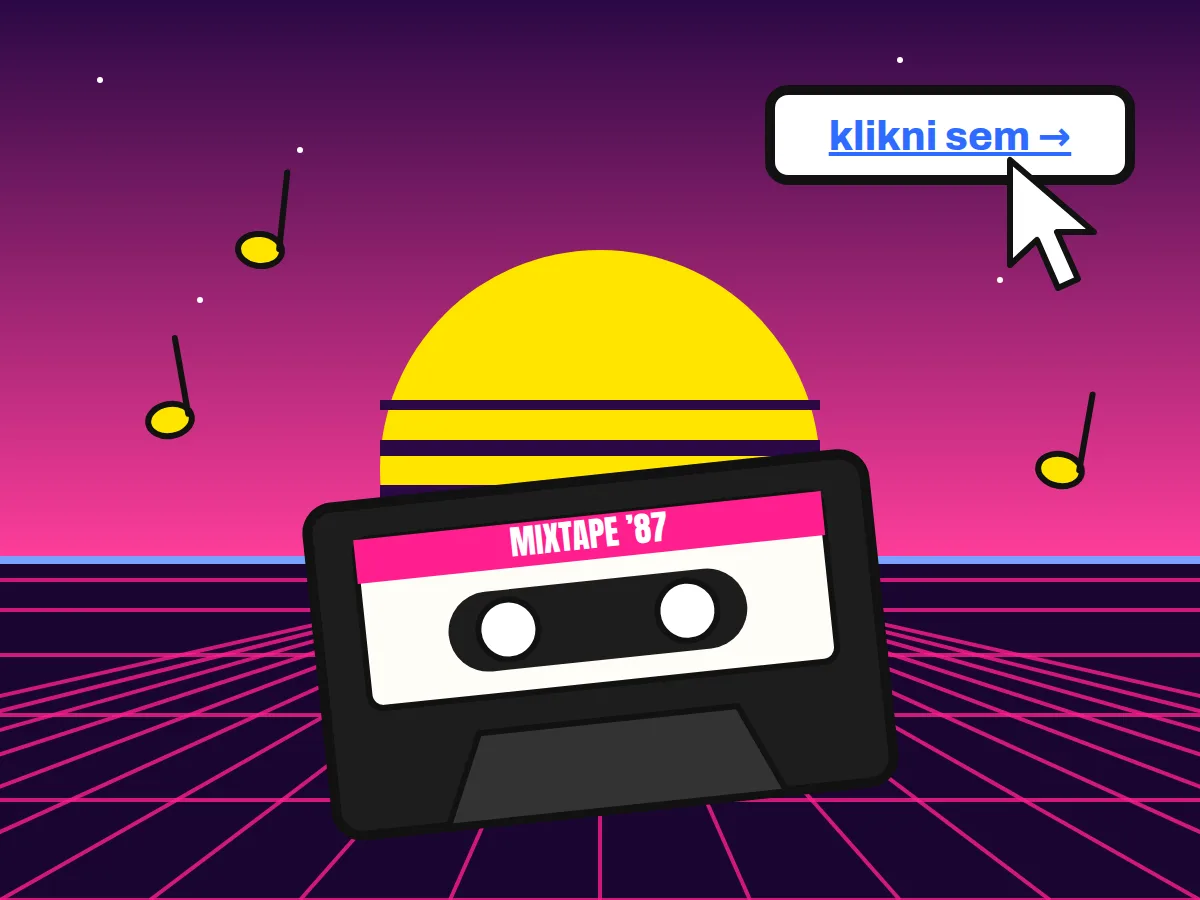 Retro kazeta z osmdesátek na neonové mřížce a odkaz „klikni sem“ s kurzorem