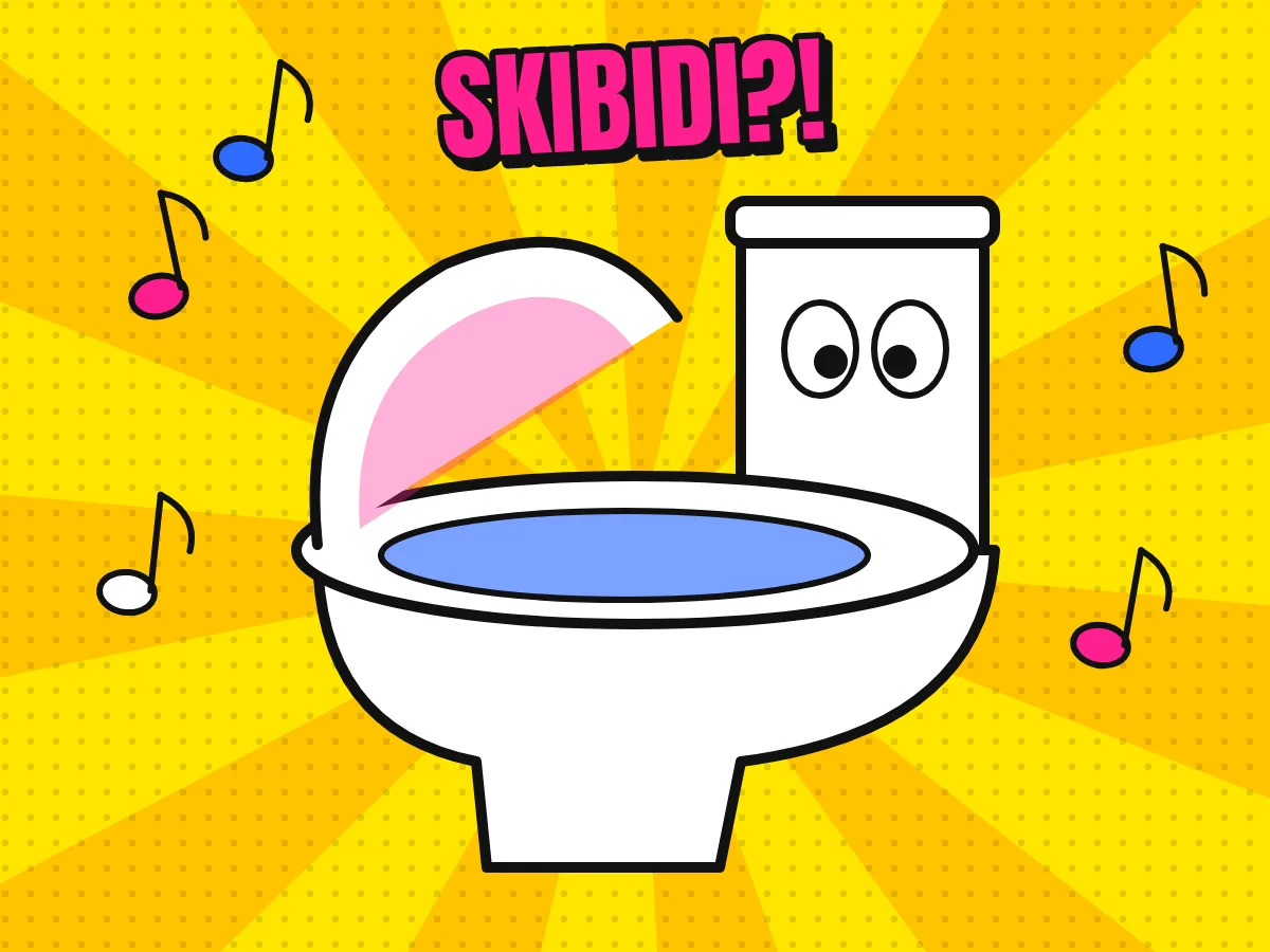 Kreslený záchod s očima zpívá, kolem létají noty a nápis SKIBIDI?!