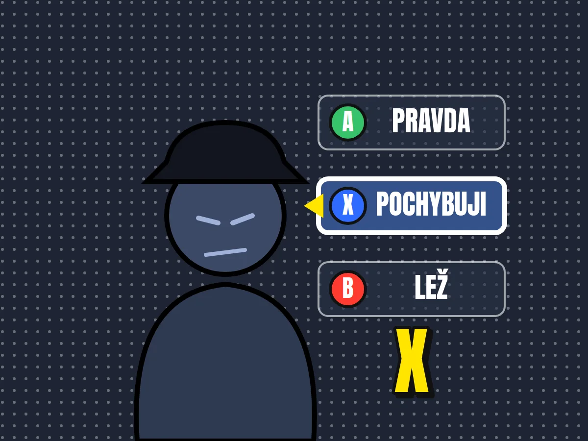 Silueta detektiva v klobouku a herní volby Pravda, Pochybuji (tlačítko X) a Lež