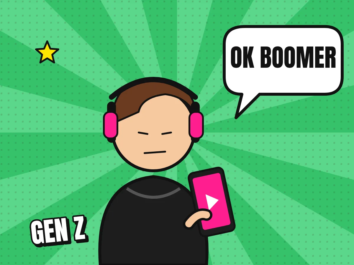 Mladá postava se sluchátky a telefonem, v bublině OK BOOMER